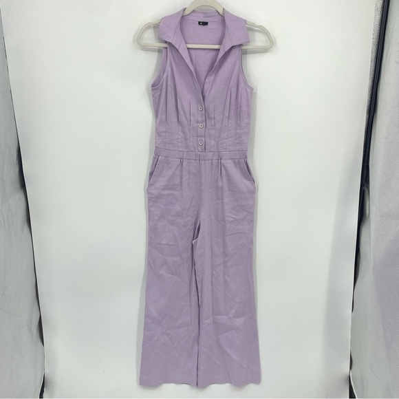 Monrow Halter Polo Linen-Blend Jumpsuit light purple Sz S - Picture 3 of 12